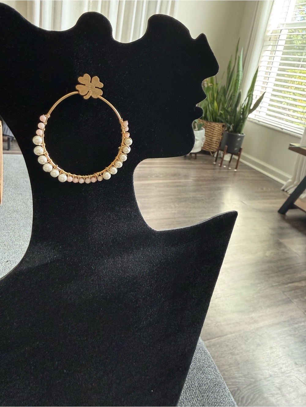 Gold Hoop Earrings with Pink and Pearl Beads - Women Jewelry